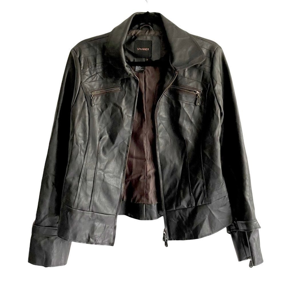 SPANNER Faux Leather Moto Biker Jacket Dark Brown S